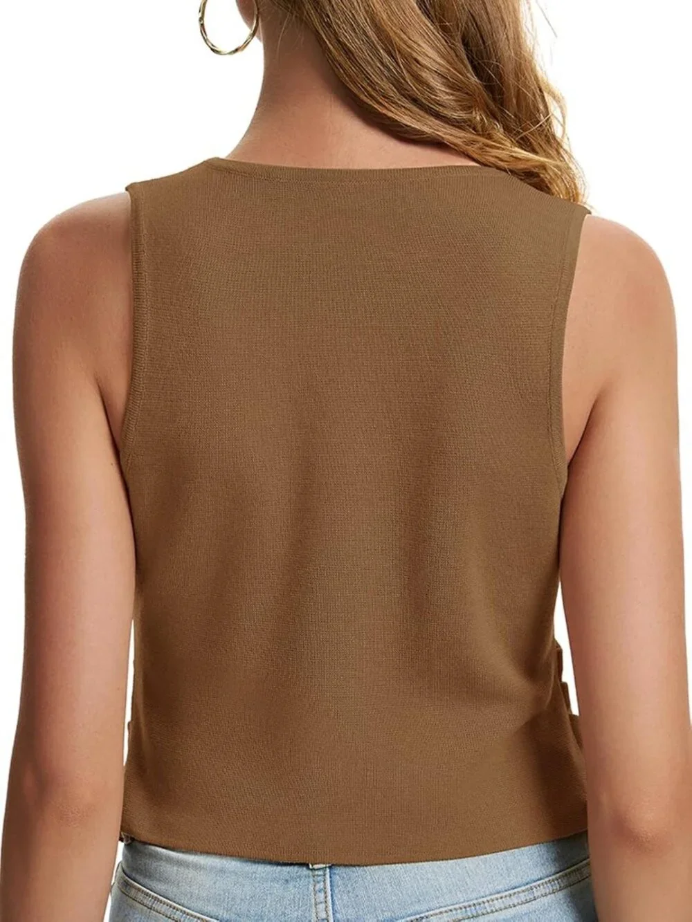 Women's Camel Sleeveless Button Up Knit Imported Casual Sweater Vest Tank Tops